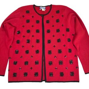 Vintage PENDLETON Womens M Red Beaded Wool Open Cardigan Sweater Classic Holiday